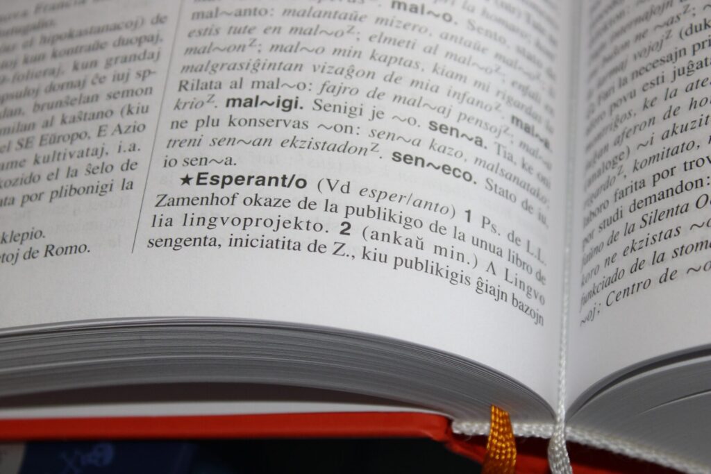 Extrait d'un dictionnaire avec une définition de l'esperanto